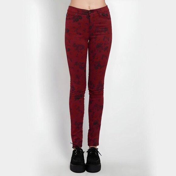 Tripp nyc Denim - Tripp NYC ✦ Wine Red Skinny Jeans ✦ Black Floral Print High Waist Stretch 26 NWT